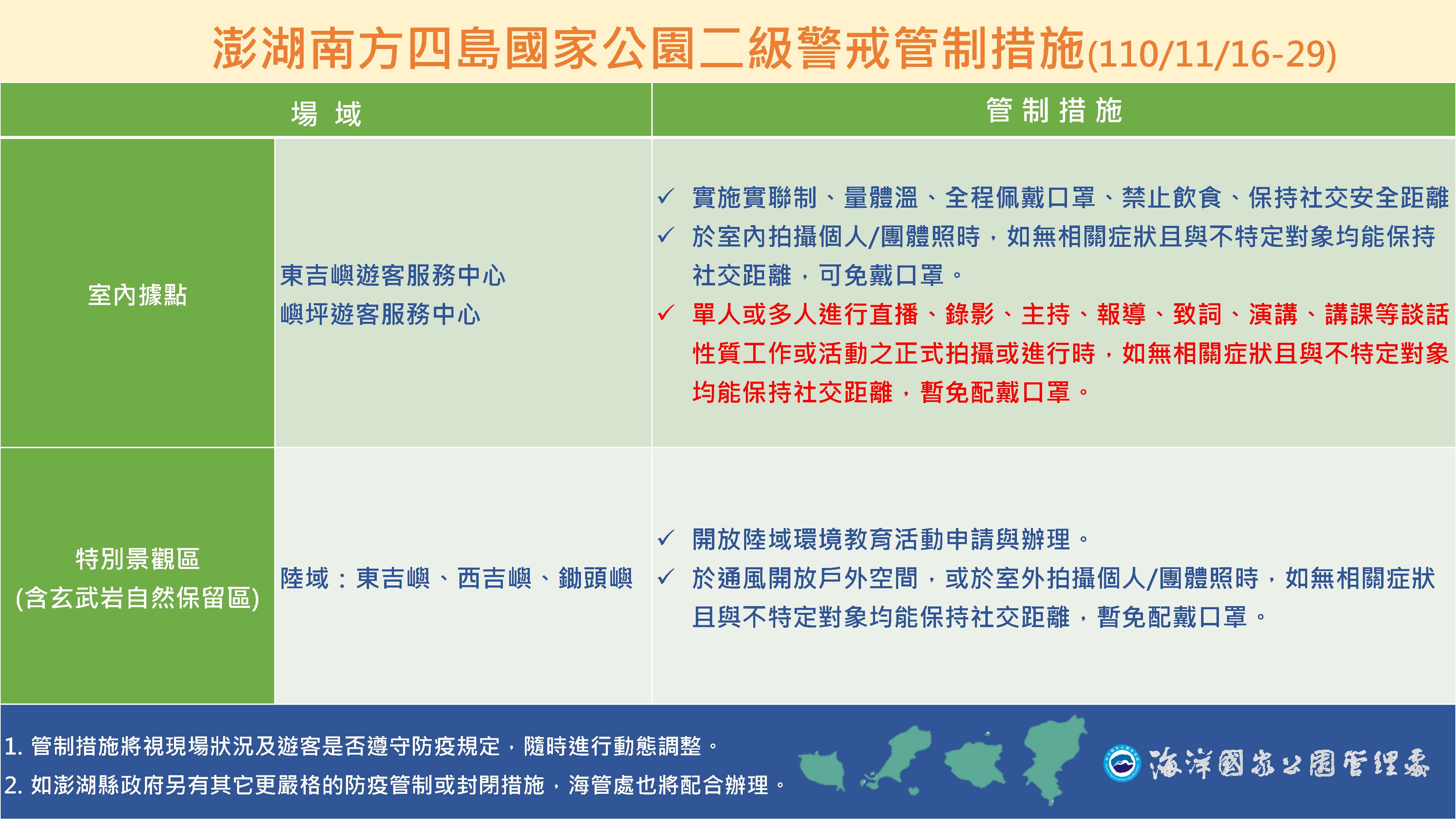 海洋國家公園管理處二級警戒管制措施110/11/16-11/29