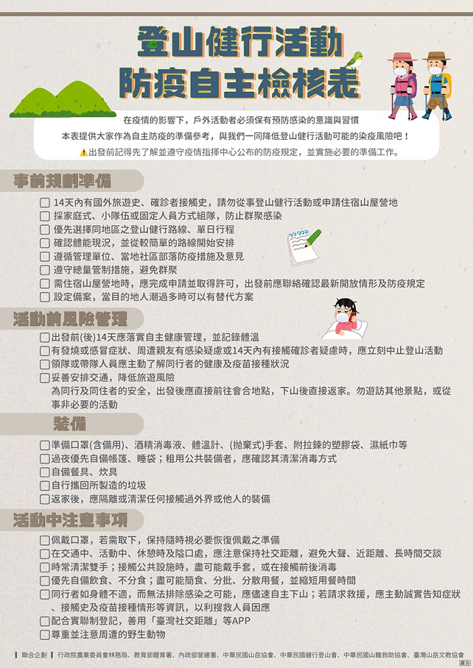 請落實盤點「登山健行活動防疫自主檢核表」做好防疫工作 (玉管處提供)