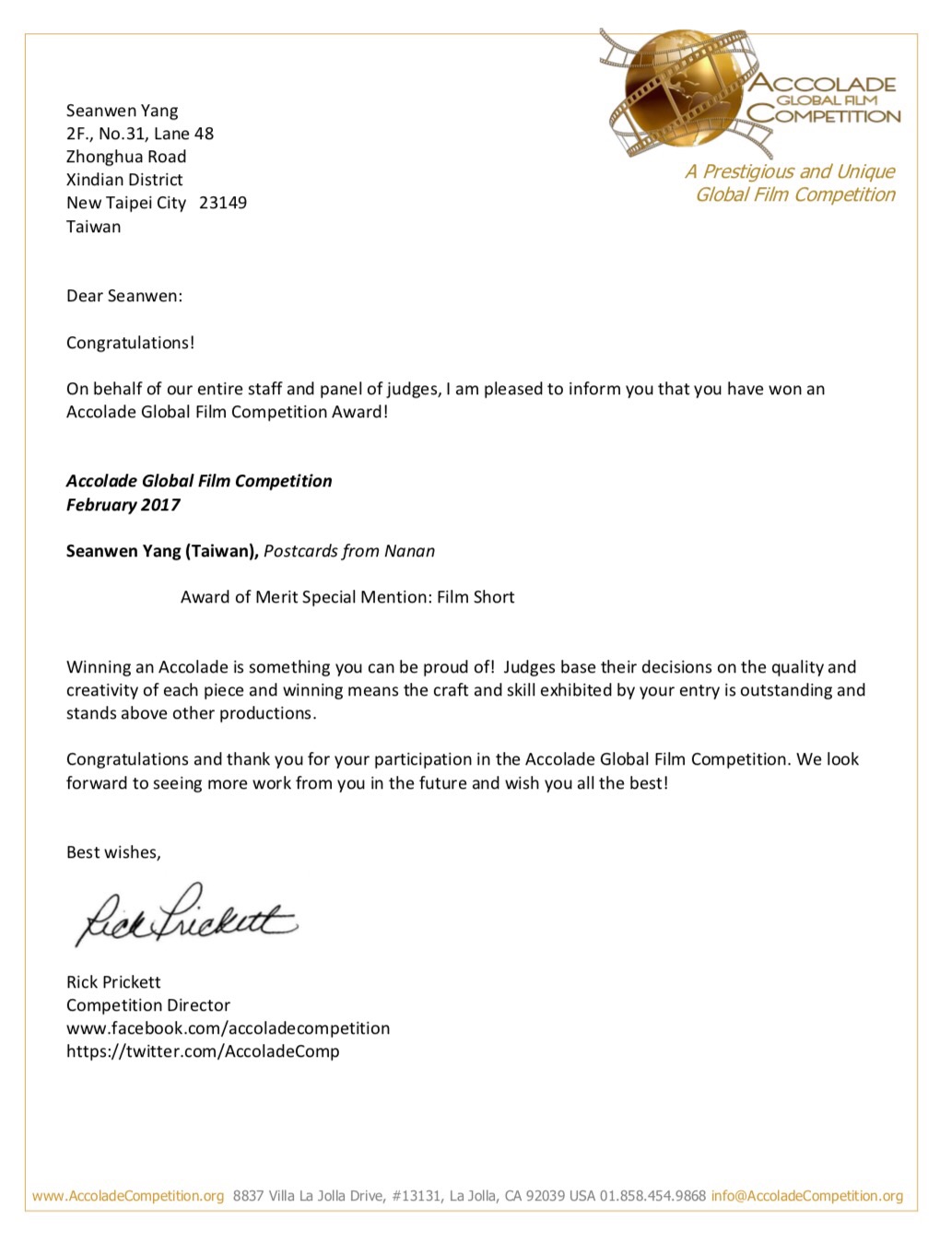 Award of Merit Special Mention Film Short