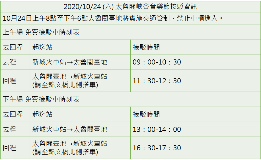 2020/10/24 (六) 太魯閣峽谷音樂節接駁資訊