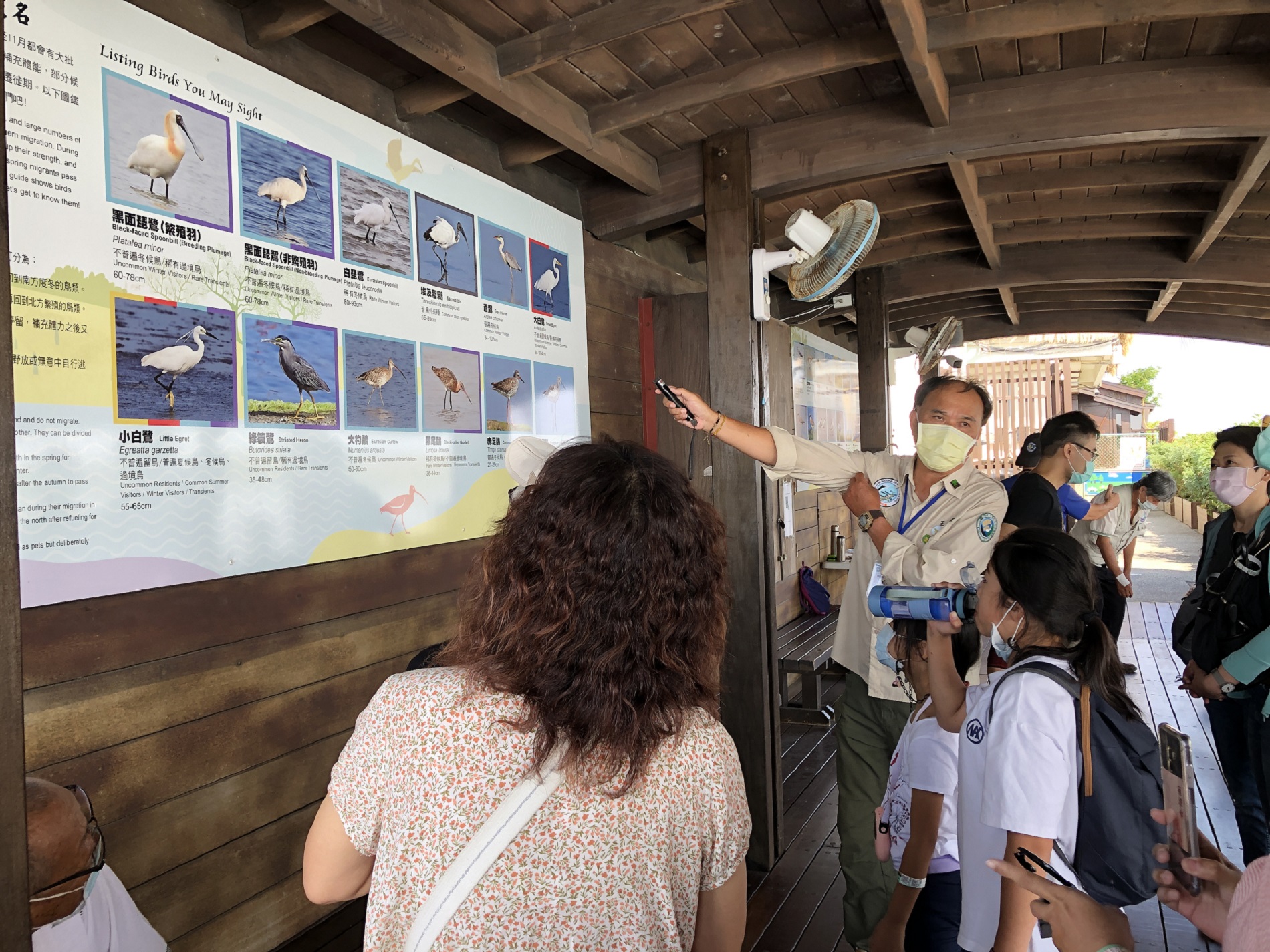 來趣台江Fun Tour解說專車遊客在七股賞鳥亭聆聽國家公園志工解說冬候鳥外型特徵