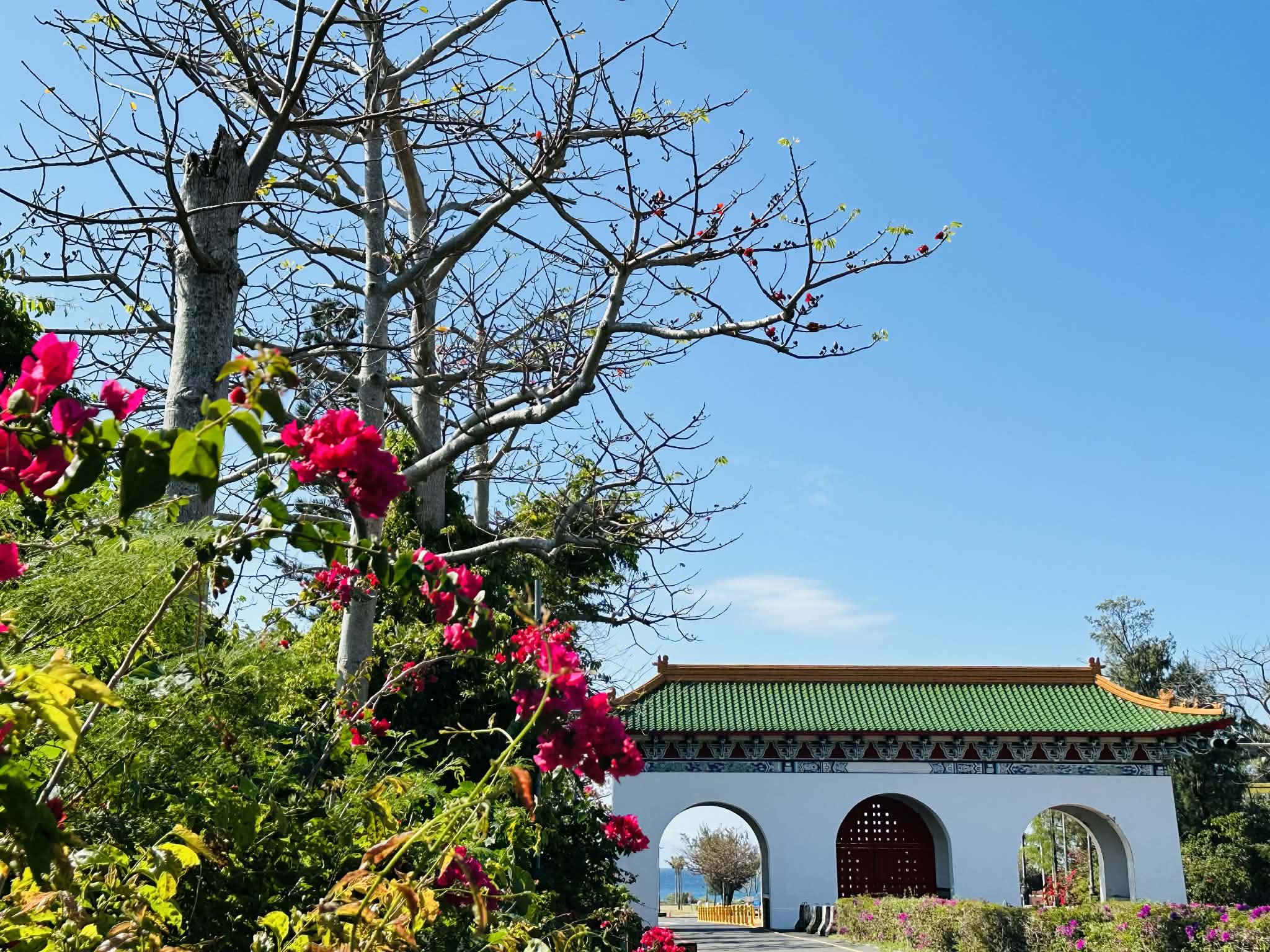 墾丁牌樓、九重葛、木棉花與遠方海景相互輝映