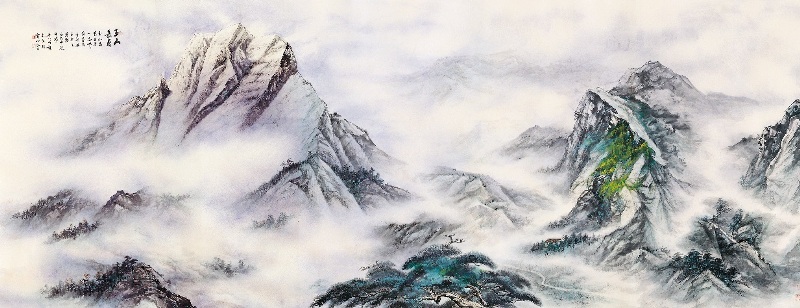 藉由水墨畫畫法，展現玉山長青景緻