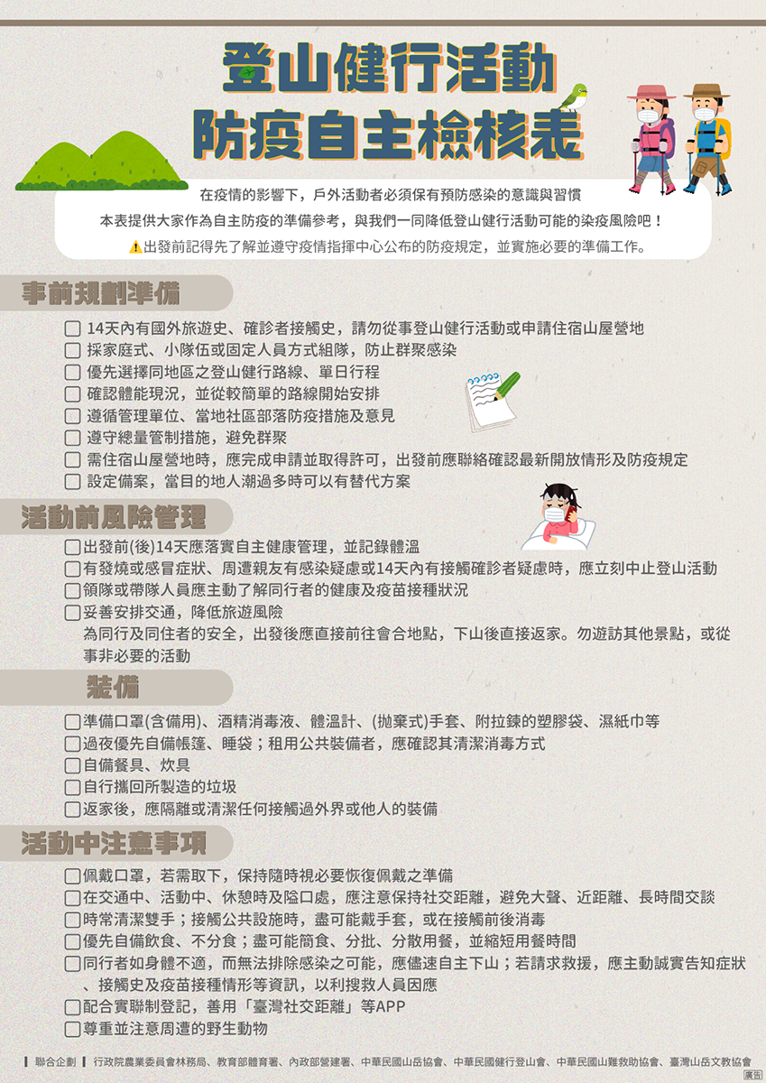 請落實盤點「登山健行活動防疫自主檢核表」做好防疫工作 (玉管處提供)