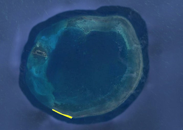 棘冠海星在東沙外環礁西南側,呈區塊性(黃色區域)的密集群聚
