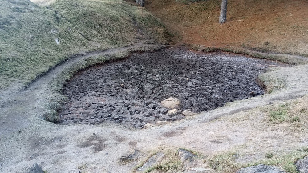 :塔塔加遊憩區步道面松脂點佈,水源指標鹿林山看天池
乾涸(玉管處提供)