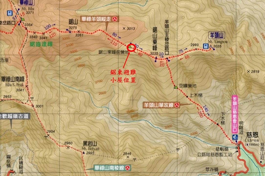  鋸東避難小屋位置圖