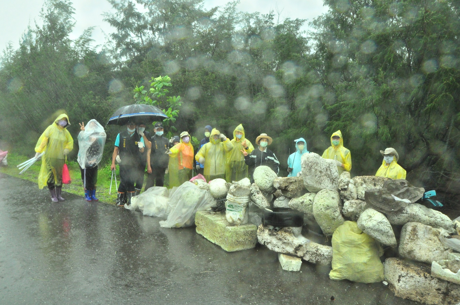 A large amount of styrofoam garbage in the windbreak forest